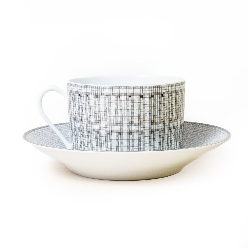 Hermes Mosaique Au 24 Platinum Coffee Cup and Saucer Platinum (Set of 2)